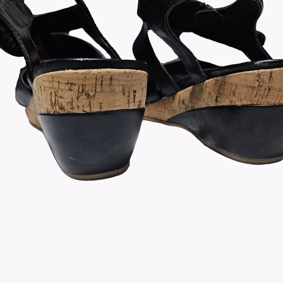 Flex Step Black Faux Leather Sandals Womens 7.5 M Strappy Sling Back Wedge Heels - Picture 13 of 14
